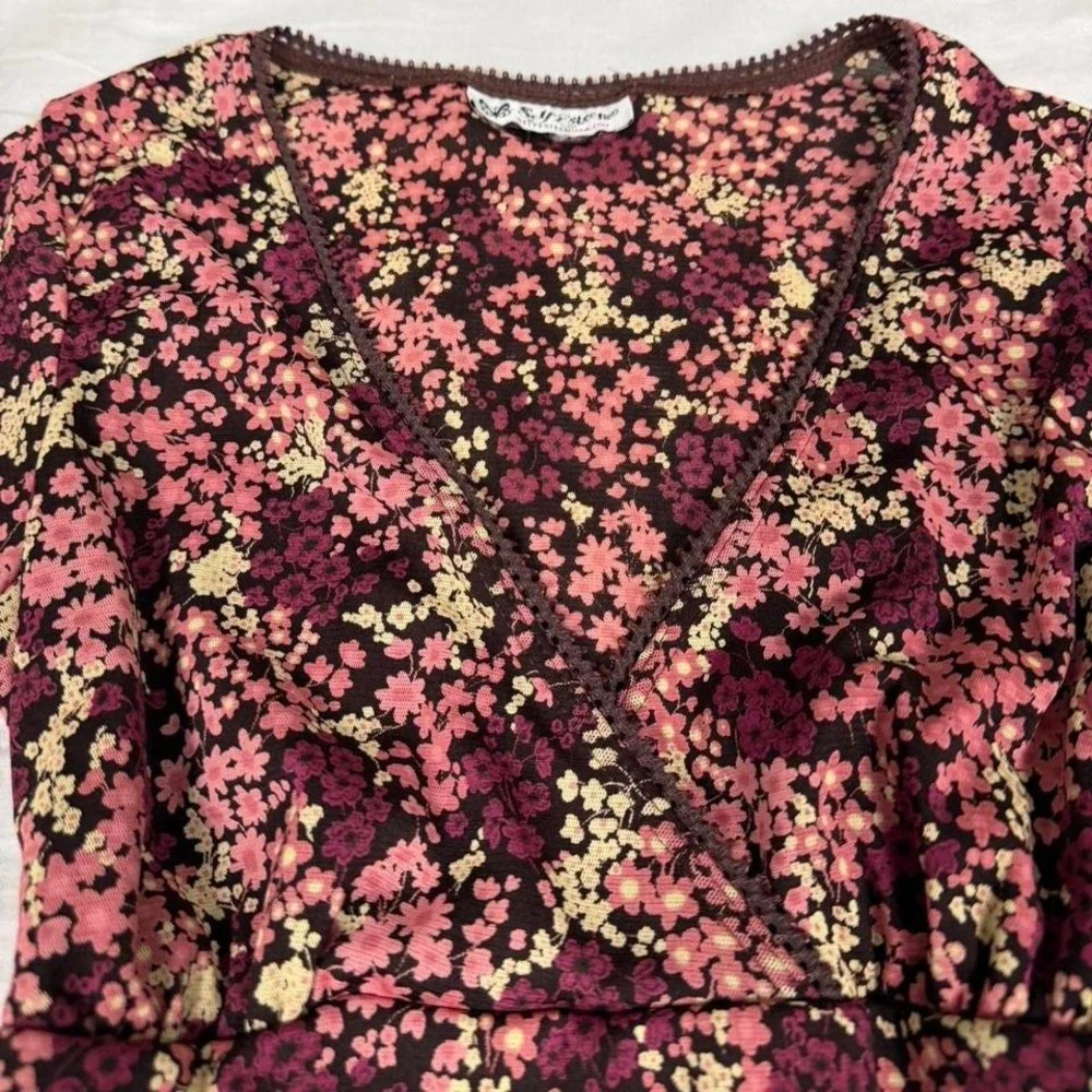 Vintage y2k Self Esteem pink/red floral babydoll short sleeve tie back top - Picture 3 of 6